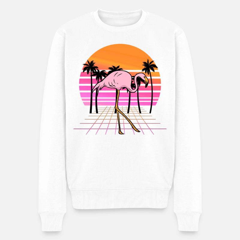 Flamingo Neon Sunset Retro - Männer Premium Bio Pullover - Weiß