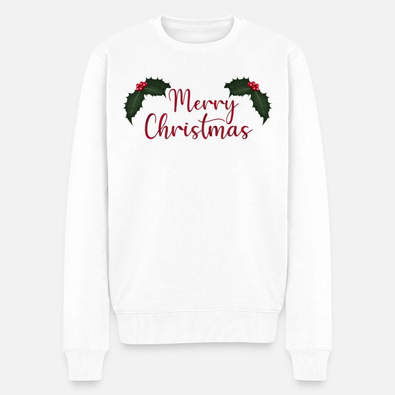 Fröhlicher Weihnachtsschriftzug mit Stechpalmen - Männer Premium Bio Pullover - Weiß