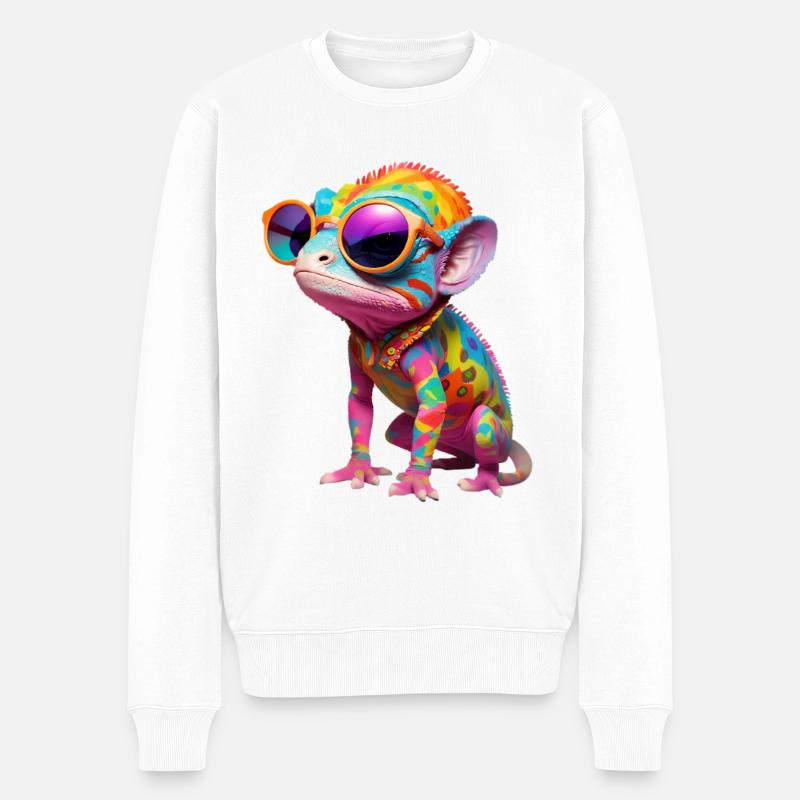 Buntes Chameleon mit Sonnenbrille - Männer Premium Bio Pullover - Weiß