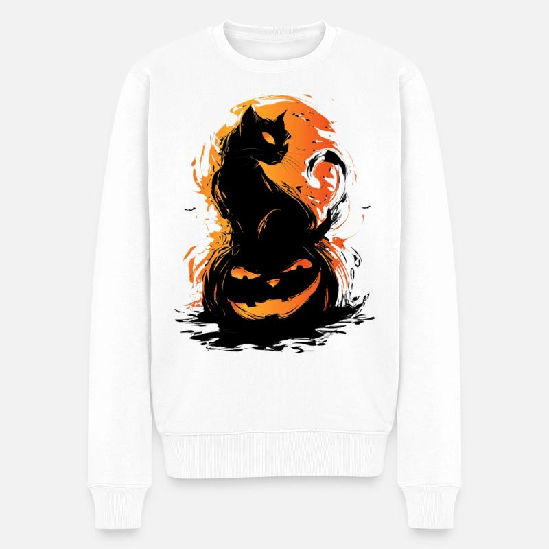 Schwarze Gruselige Katze Kürbis Halloween Design - Männer Premium Bio Pullover - Weiß