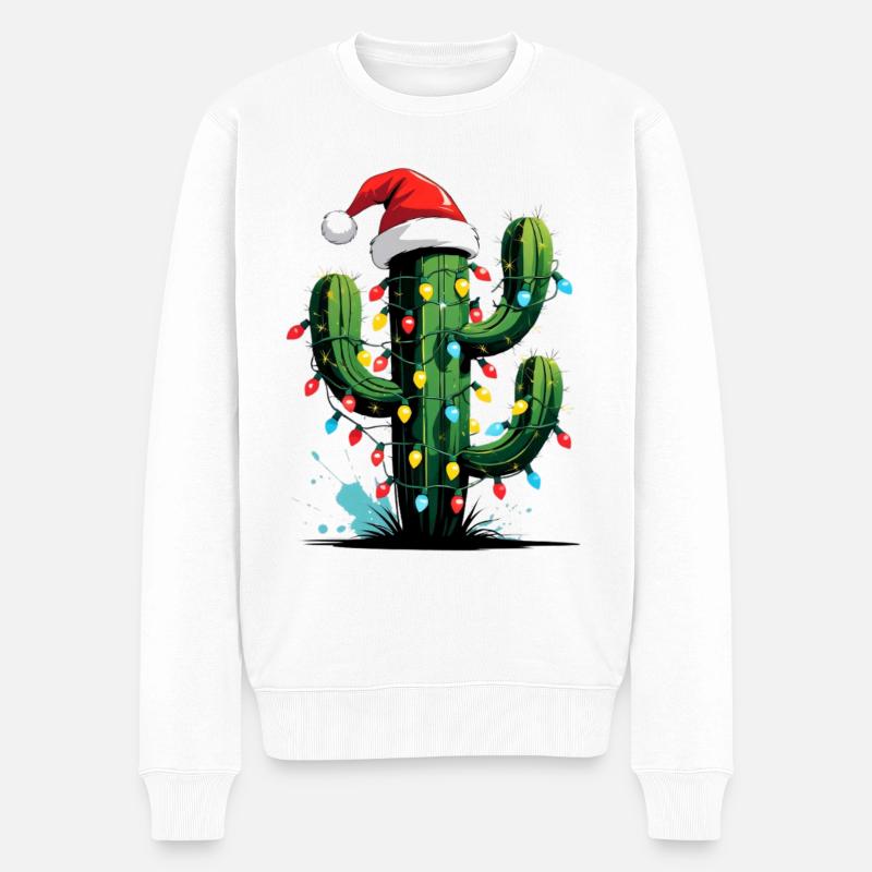 Kaktus Weihnachten mit Lichtern - Männer Premium Bio Pullover - Weiß