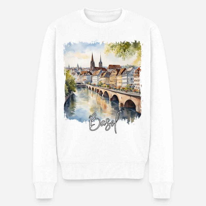 Basel Aquarell, Basel Schweiz - Männer Premium Bio Pullover - Weiß