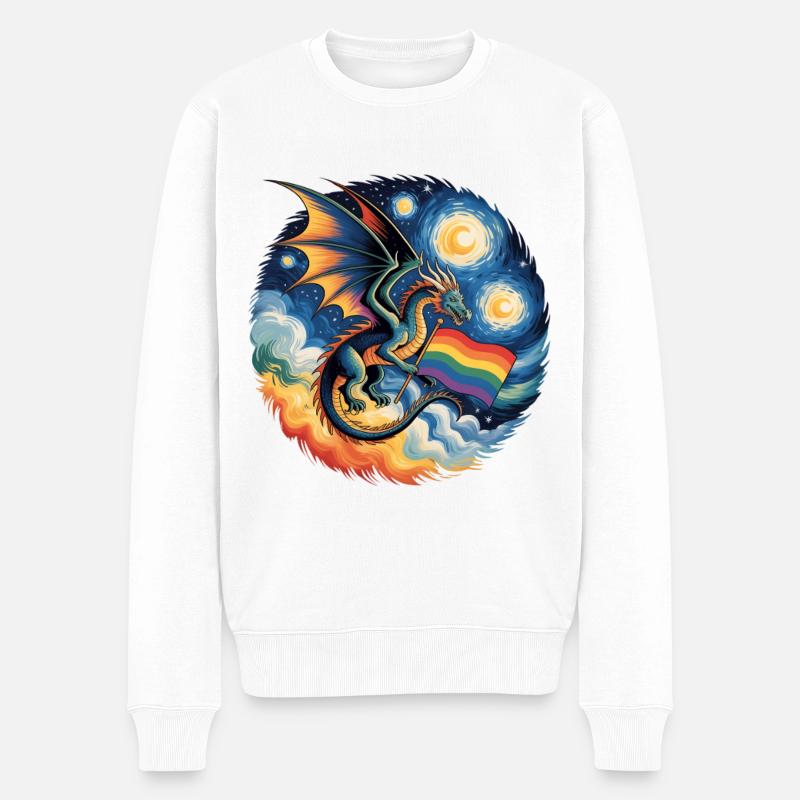 Pridelike Drache mit Regenbogenflagge - Männer Premium Bio Pullover - Weiß