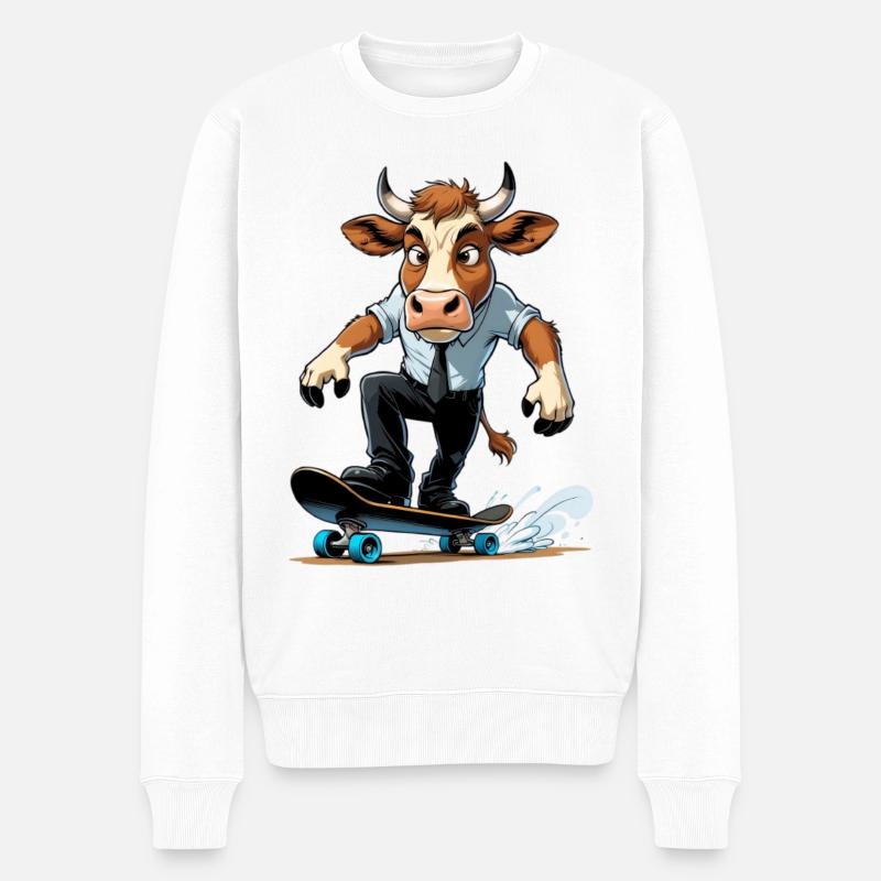 Kuh am Skateboard im Anzug - Männer Premium Bio Pullover - Weiß