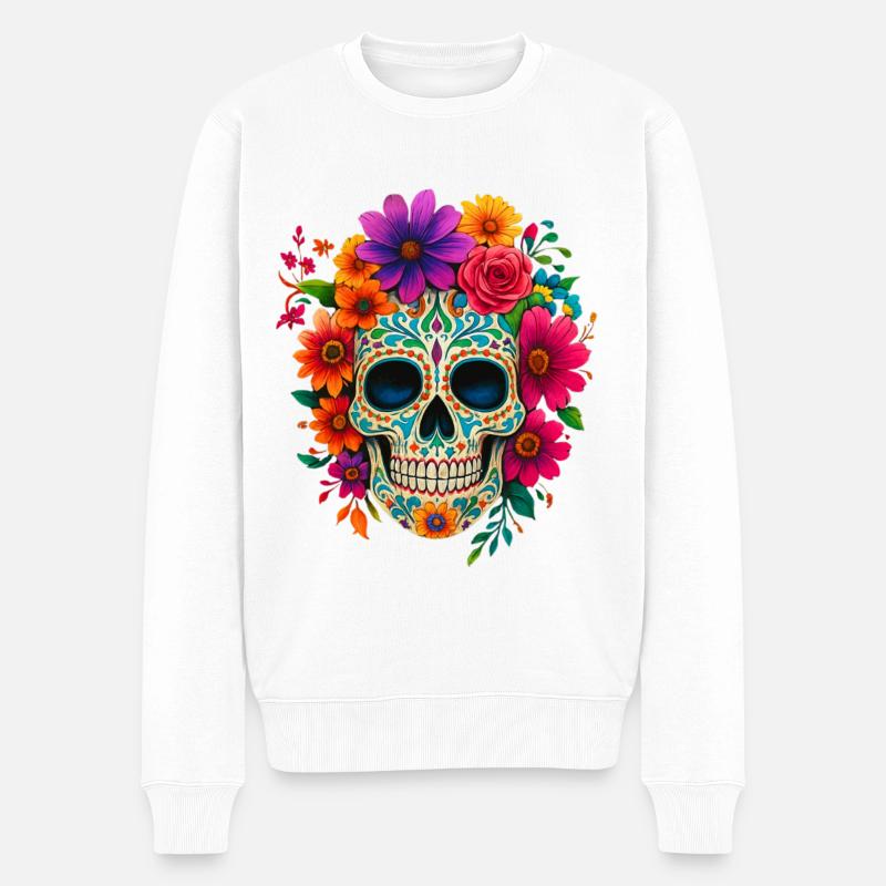Bunter Zuckerschädel mit Blumen - Männer Premium Bio Pullover - Weiß