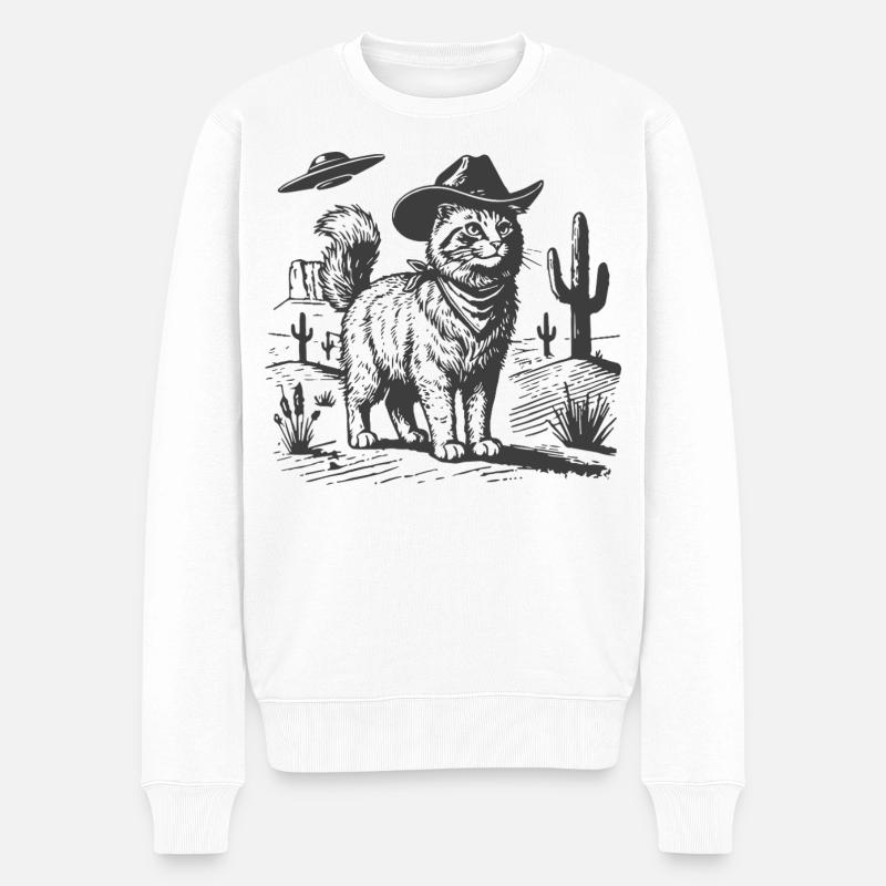 Cowboy-Katze in der Sci-Fi-Wüste - Männer Premium Bio Pullover - Weiß