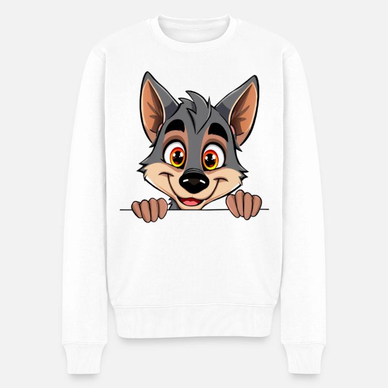 Kuscheliger Wolf blickt über Rand - Männer Premium Bio Pullover - Weiß