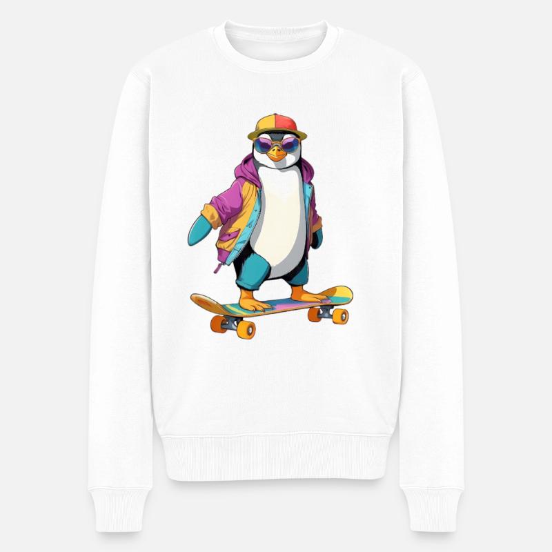 Pingouin Skateboard Look Neon - Pull Premium bio Homme - blanc