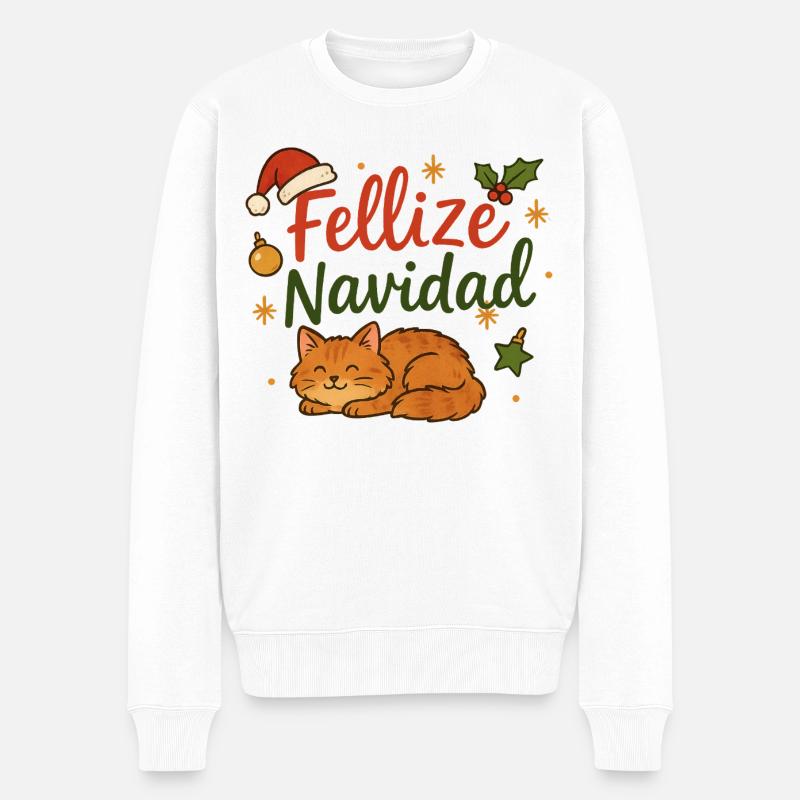 Fellize Navidad – Funny Cat Christmas Design - Männer Premium Bio Pullover - Weiß