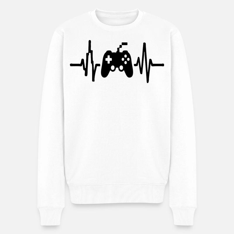 Heartbeat Gamer, Gamecontroller Strichzeichnung Design - Männer Premium Bio Pullover - Weiß