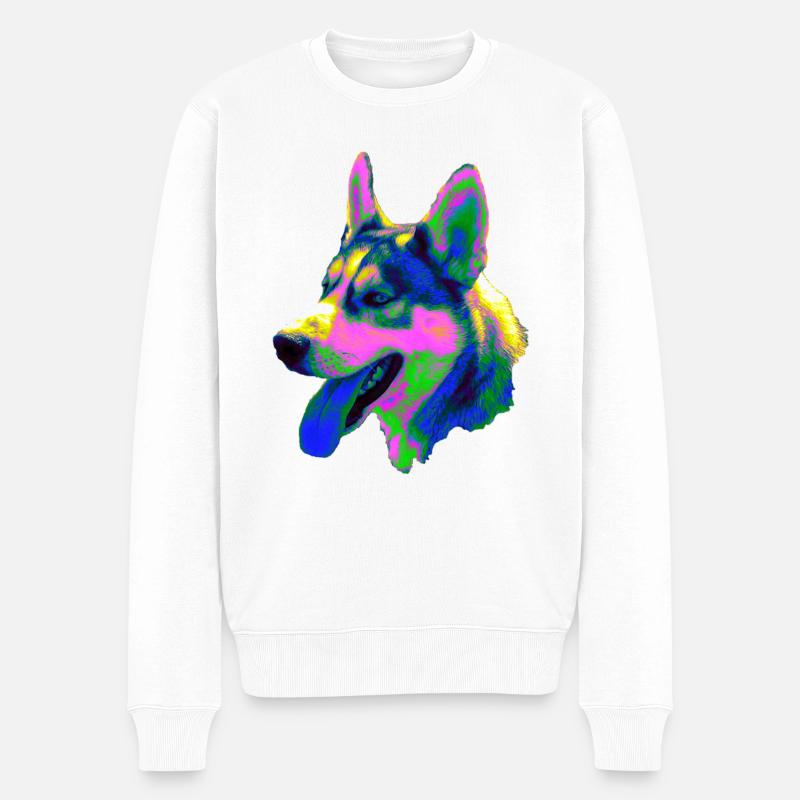 Psychedelischer Husky Kopf Neonfarben - Männer Premium Bio Pullover - Weiß