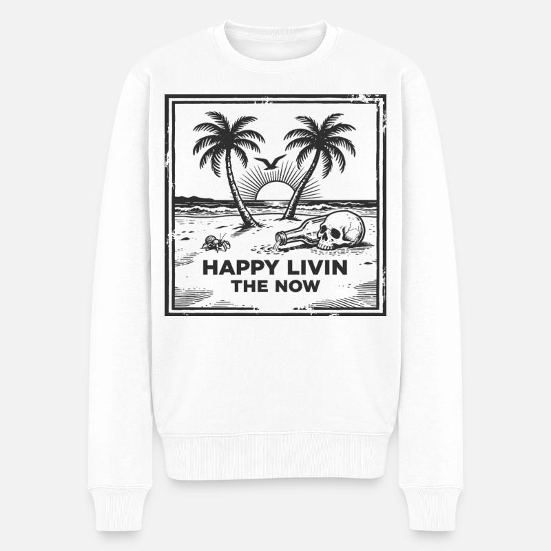 Vintage Strandschädel T-Shirt – Happy Livin - Männer Premium Bio Pullover - Weiß