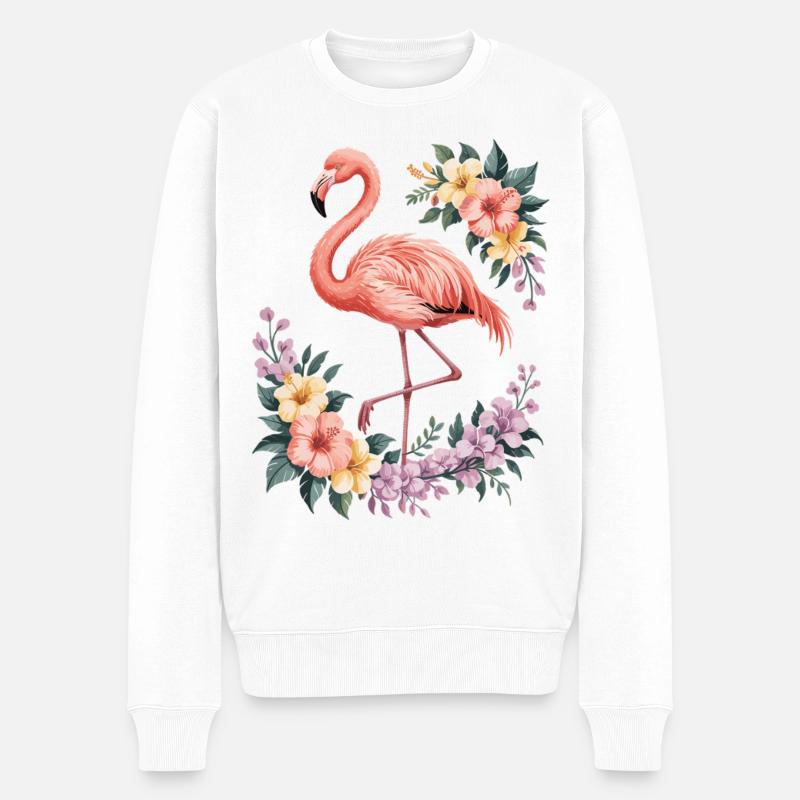 Flamant tropical avec des fleurs - Pull Premium bio Homme - blanc