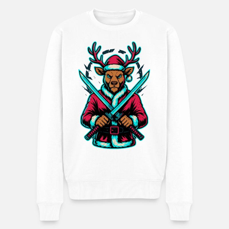 Neon Samurai Rentier Weihnachts Shirt - Männer Premium Bio Pullover - Weiß
