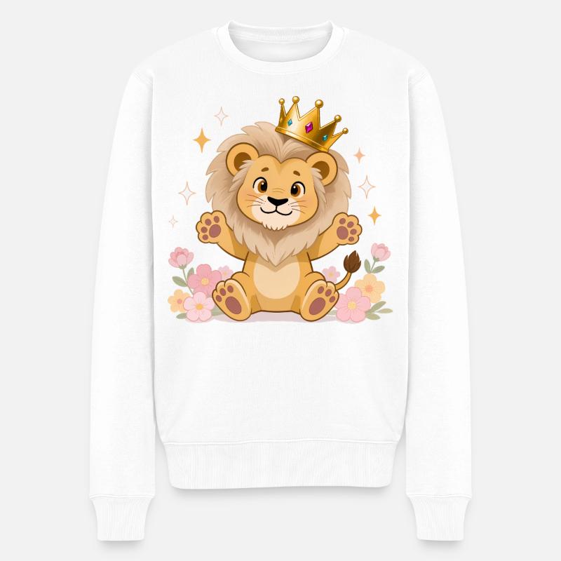 🦁 Lion avec couronne et fleurs - Pull Premium bio Homme - blanc