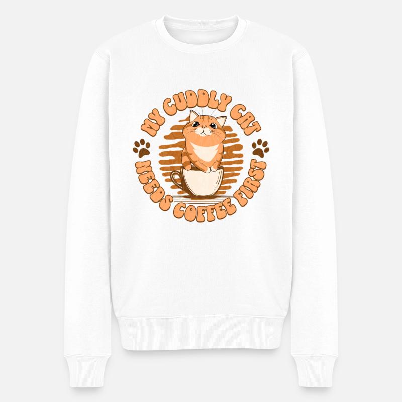 Mon chat câlin - Il a besoin d’un café d’abord - Pull Premium bio Homme - blanc