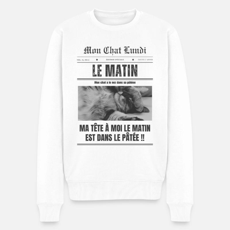  Lundi matin - mon chat - Pull Premium bio Homme - blanc