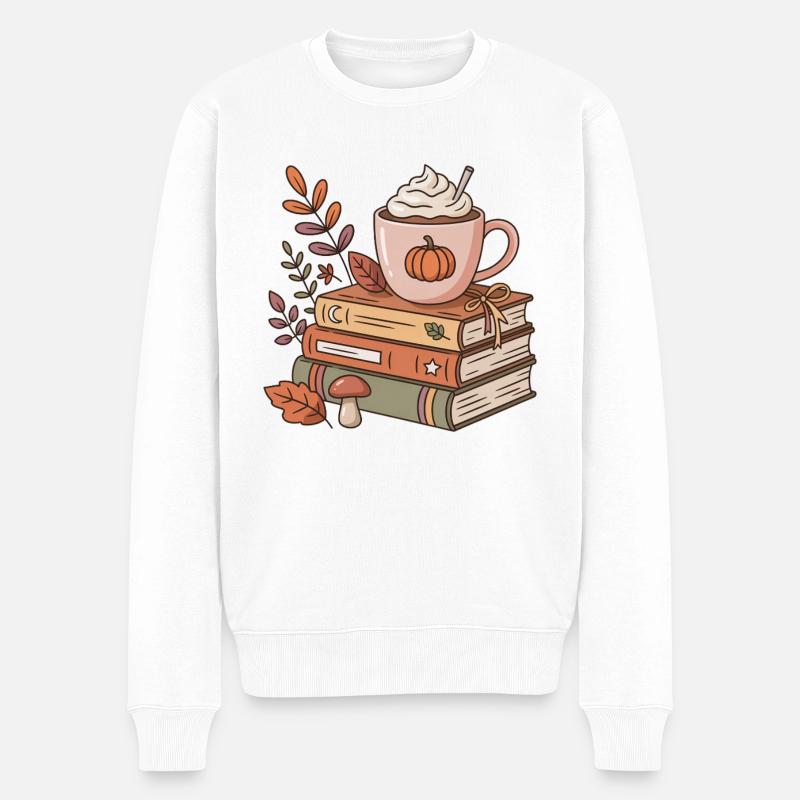 Herbstkaffee auf Bücherstapel - Männer Premium Bio Pullover - Weiß