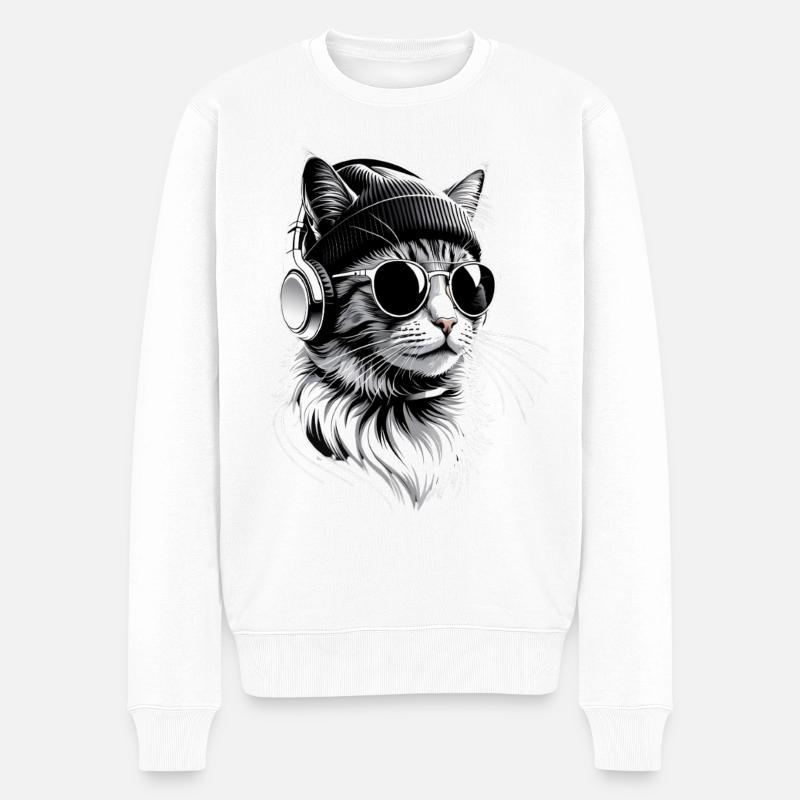 Katzen-DJ mit Kopfhörern - Männer Premium Bio Pullover - Weiß
