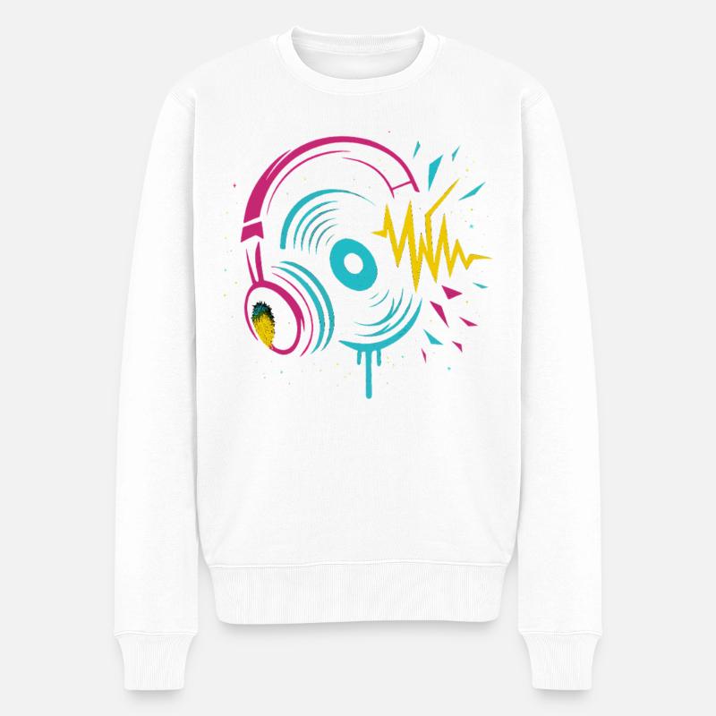 Casque néon, vinyle, son techno rave - Pull Premium bio Homme - blanc