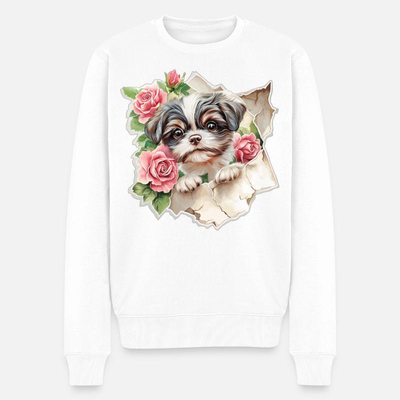Shih Tzu Vintage Blumen - Männer Premium Bio Pullover - Weiß