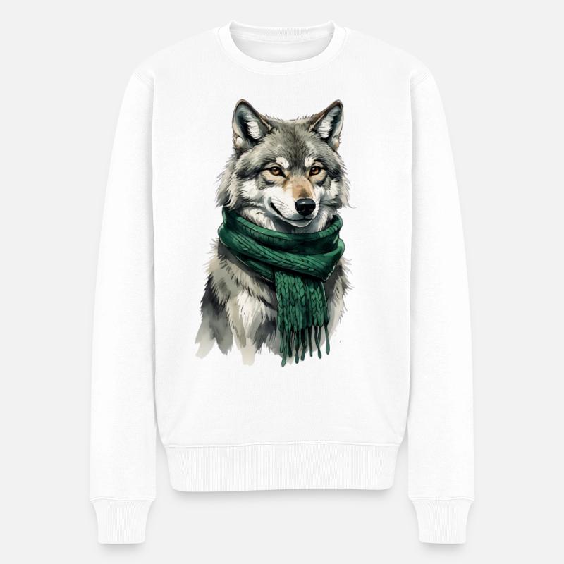 Figurine de loup avec écharpe verte - Pull Premium bio Homme - blanc