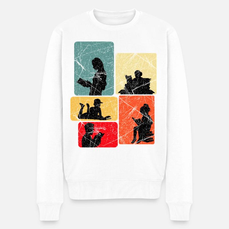 Lesende Silhouetten im Farbblockdesign - Männer Premium Bio Pullover - Weiß