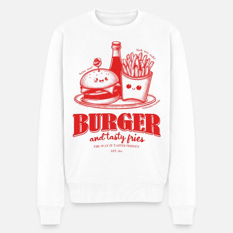 Kichernde Burger Pommes Cartoon - Männer Premium Bio Pullover - Weiß