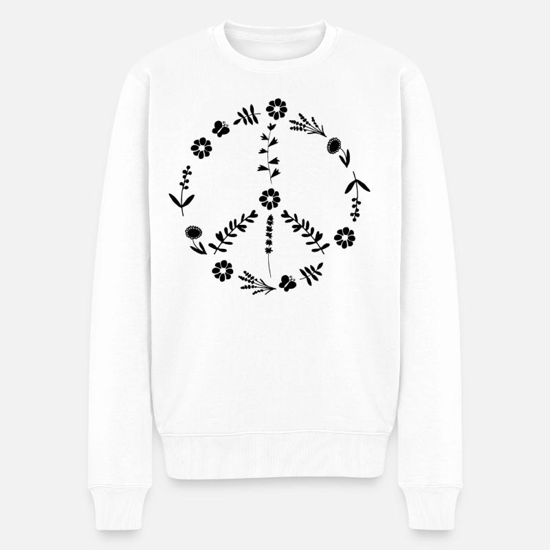 Friedenszeichen, Blumen und Blätter - Männer Premium Bio Pullover - Weiß