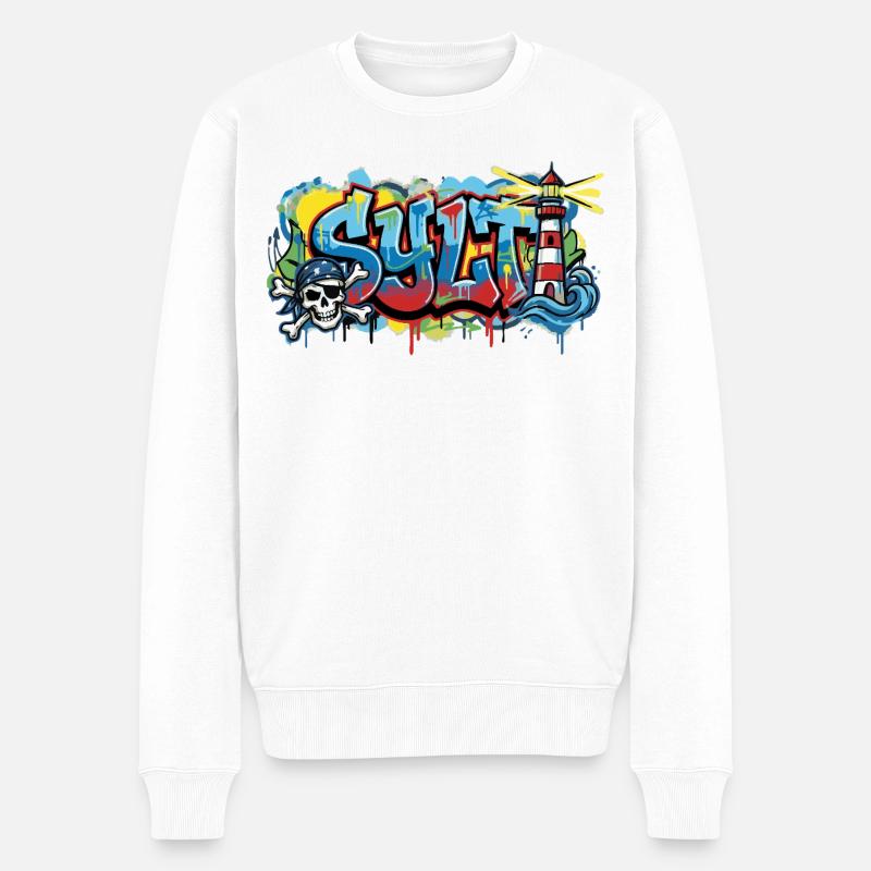 Sylt Graffiti mit Leuchtturm - Männer Premium Bio Pullover - Weiß