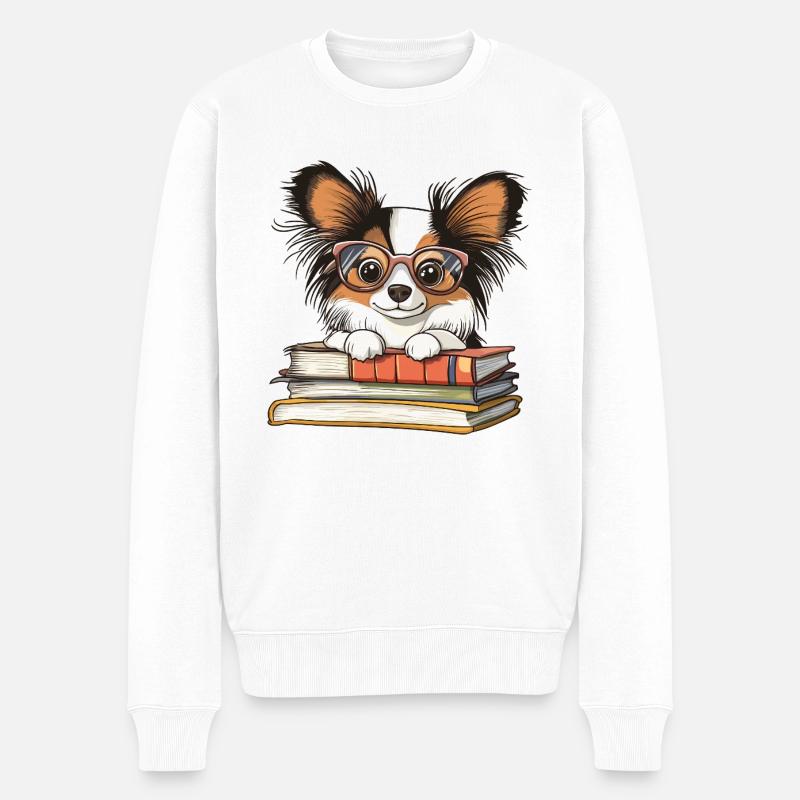 Süßes Papillon-Hundelesebuch mit Brille - Männer Premium Bio Pullover - Weiß