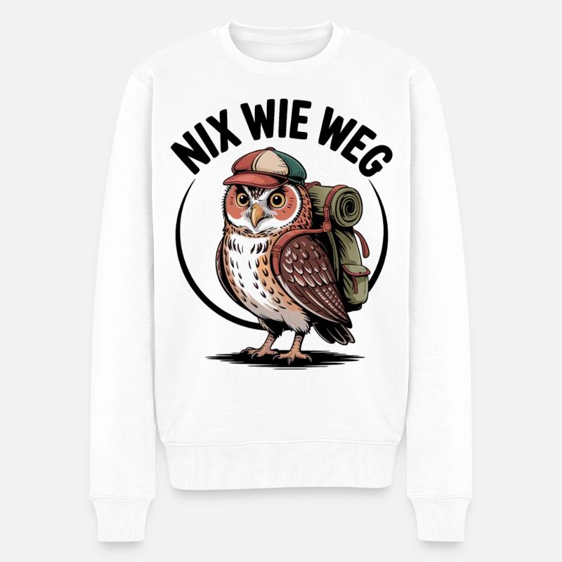 Wander-Eule mit Rucksack - Männer Premium Bio Pullover - Weiß