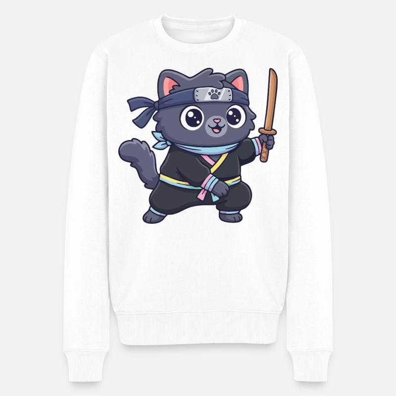 Chat ninja en costume de samouraï - Pull Premium bio Homme - blanc