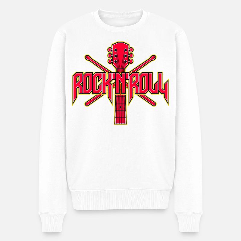 RocknRoll-Gitarren- und Drumsticks-Wappen - Männer Premium Bio Pullover - Weiß