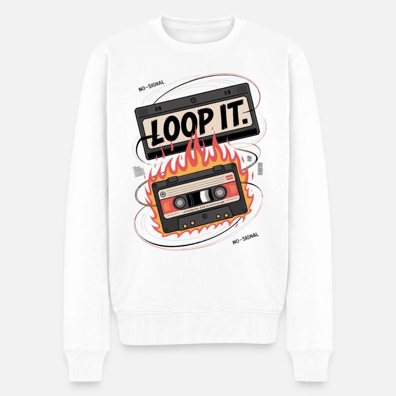 Retro Kassette mit "Loop It" Flammen-Design - Männer Premium Bio Pullover - Weiß