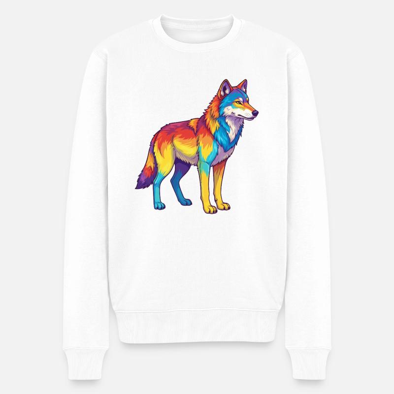 Bunte Wolf-Regenbogen-Pop-Art-Aquarell - Männer Premium Bio Pullover - Weiß