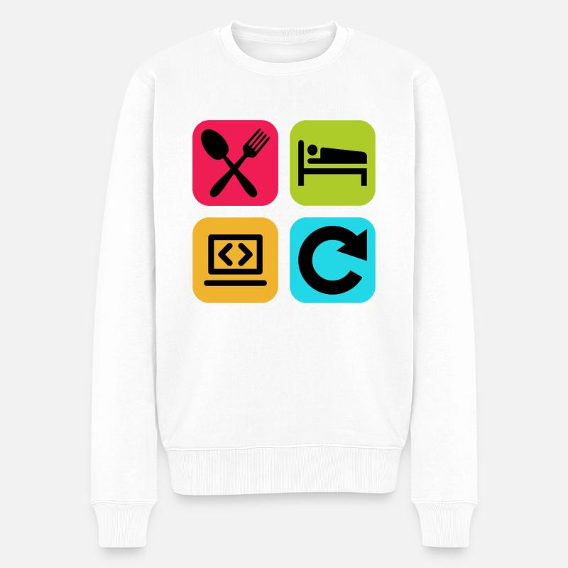 Essen, schlaf, Programm wiederholen, lustiger Zitatcode - Männer Premium Bio Pullover - Weiß