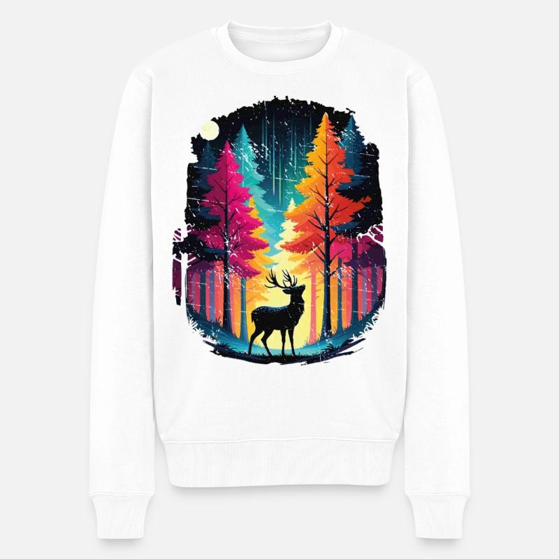 Regenbogenwald und leuchtende Hirsche - Männer Premium Bio Pullover - Weiß