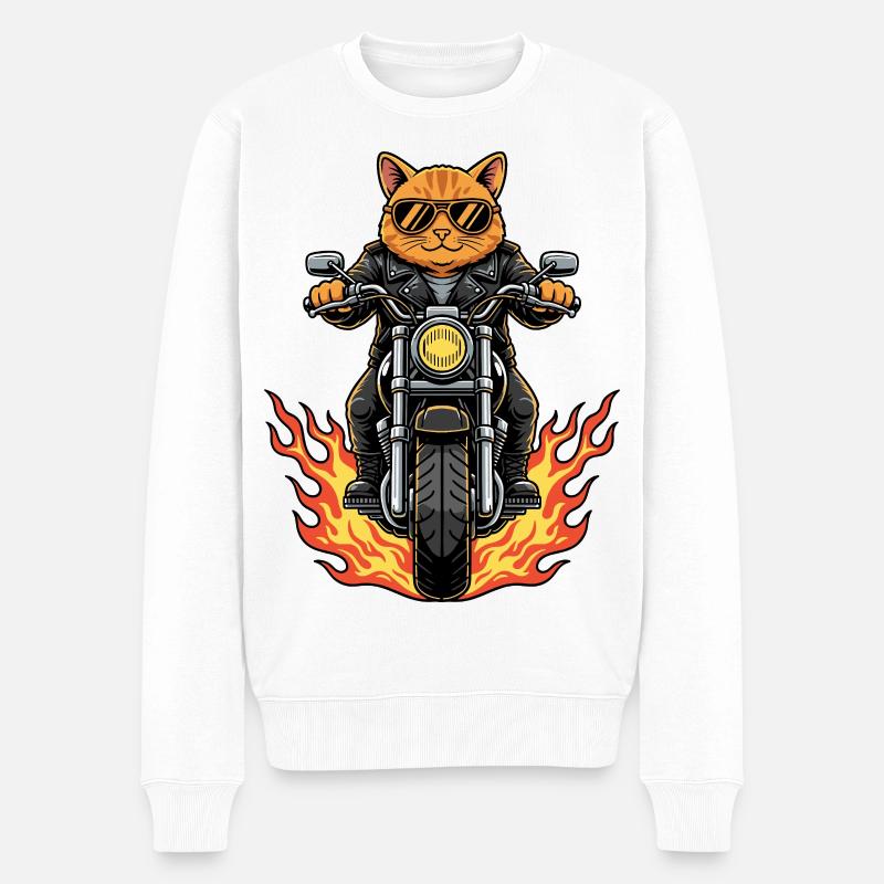 Coole Biker Katze Motorradflammen - Männer Premium Bio Pullover - Weiß