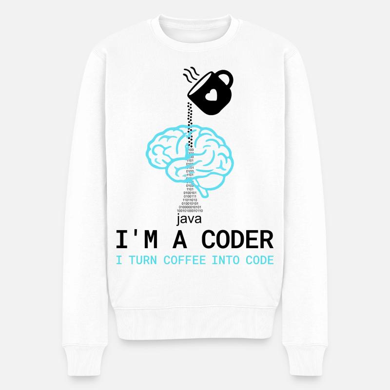Coder T-Shirt: Coffee into Code – Nerdy Programmie - Männer Premium Bio Pullover - Weiß