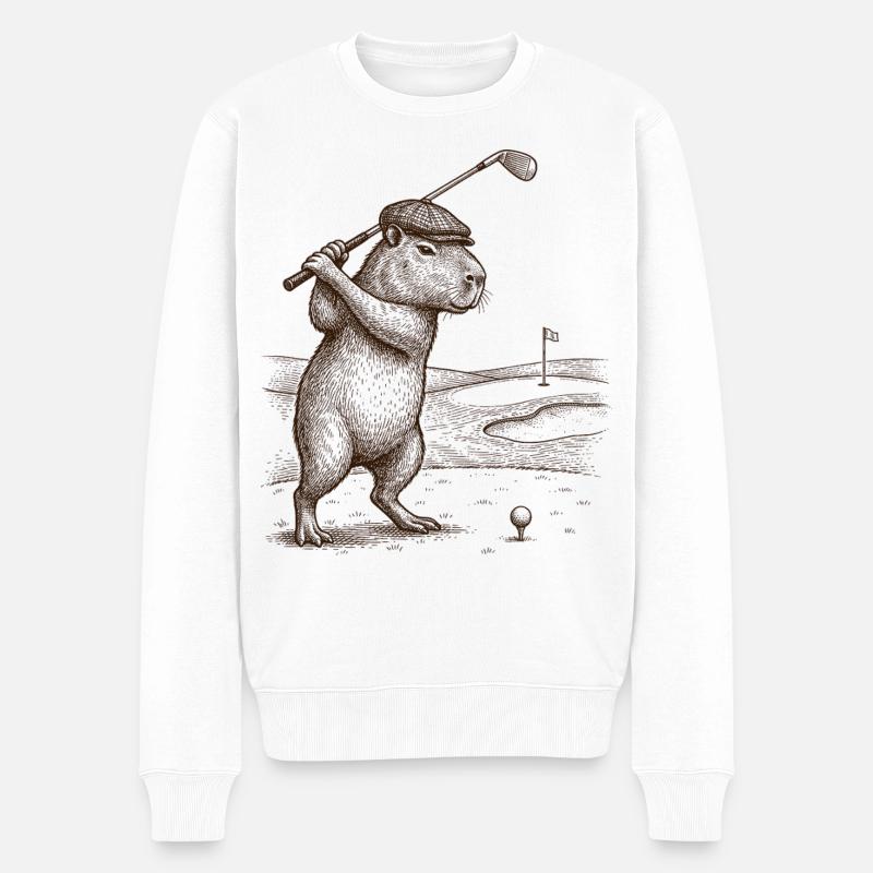 Lustiger Capybara spielender Golfer - Männer Premium Bio Pullover - Weiß