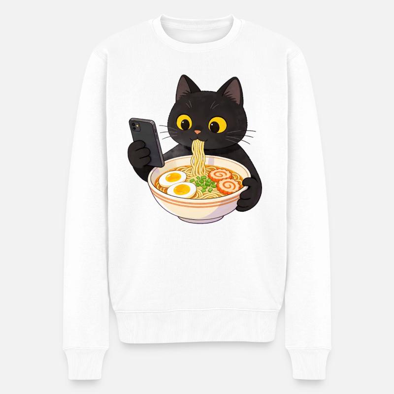 Chat noir avec smartphone et nouilles ramen - Pull Premium bio Homme - blanc