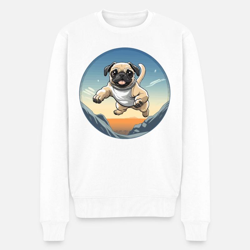 Pug Sprung über Berglandschaft - Männer Premium Bio Pullover - Weiß