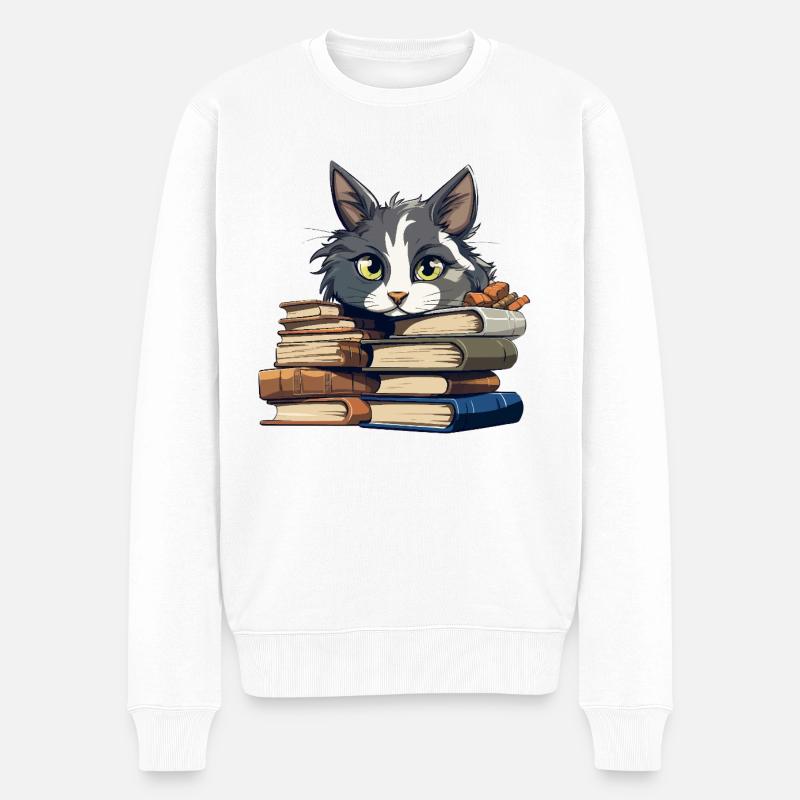 Bücherstapel Katze Bibliophile - Männer Premium Bio Pullover - Weiß