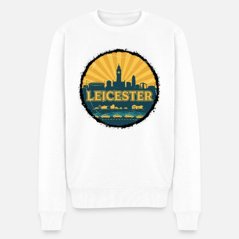 Leicester City Skyline Retro Sunset Abzeichen - Männer Premium Bio Pullover - Weiß