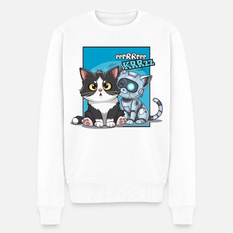 Chat et robot, humour, cartoon, bd - Pull Premium bio Homme - blanc