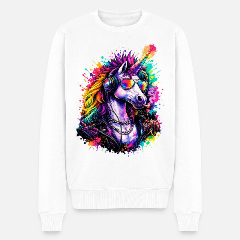 Cooles Einhorn DJ mit Kopfhörern - Männer Premium Bio Pullover - Weiß