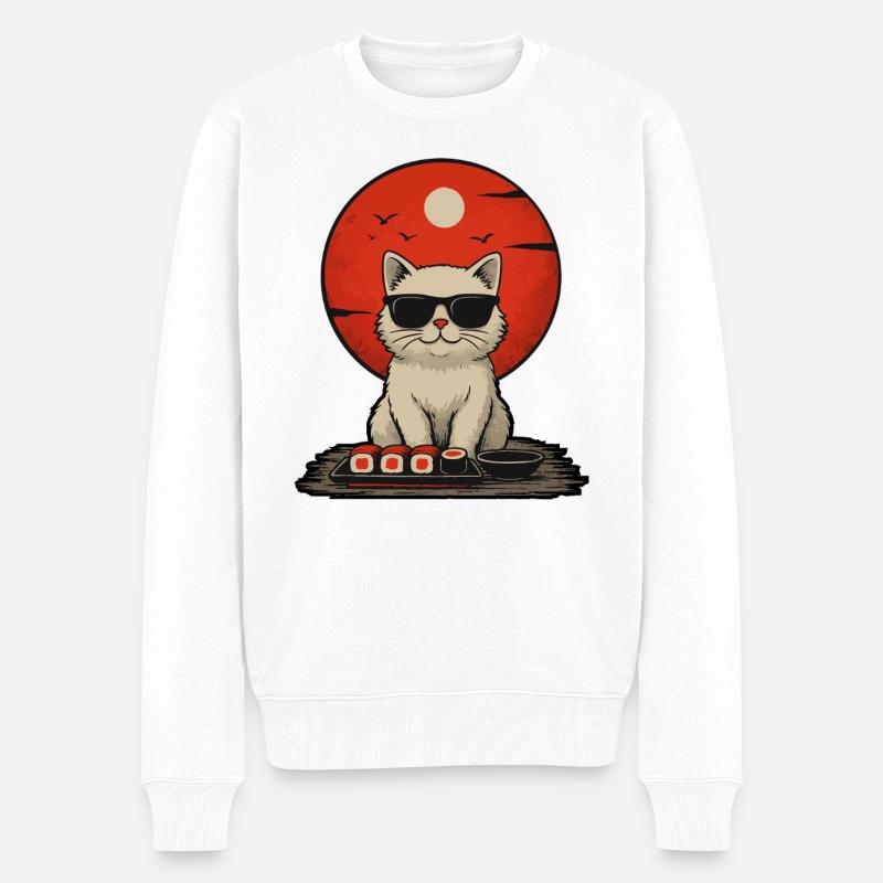 Sonnenuntergangskatze mit Sushi - Männer Premium Bio Pullover - Weiß