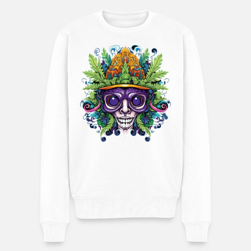 Crâne psychédélique avec couronne de feuilles - Pull Premium bio Homme - blanc