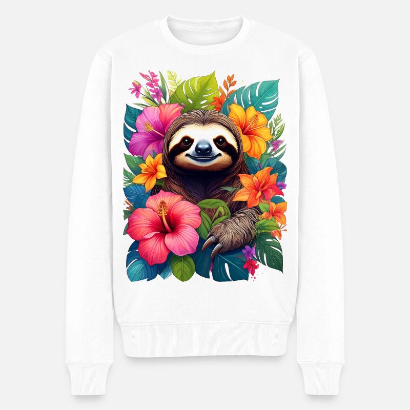 Faultier zwischen exotischen Blumen im Dschungel - Männer Premium Bio Pullover - Weiß